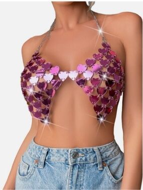 Dolls Kill Pink Purple Metallic Heart Chain Crop Top